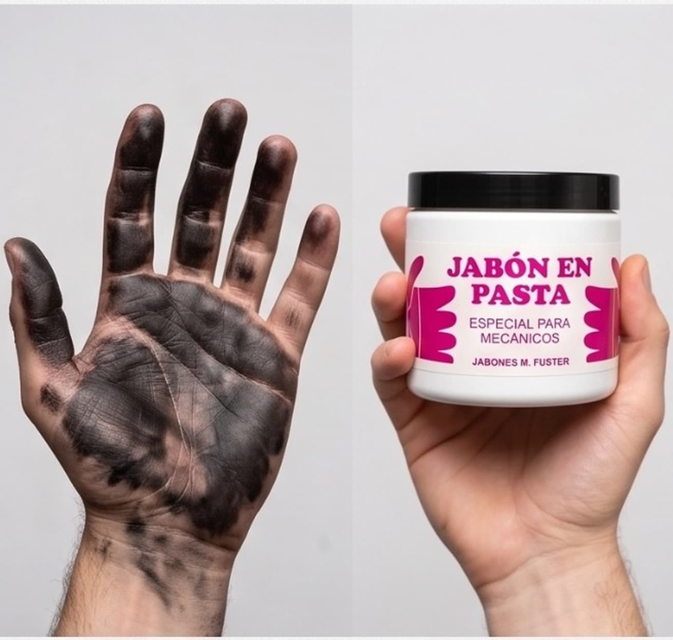 Mano sucia de mecánico junto al bote de jabón M. Fuster