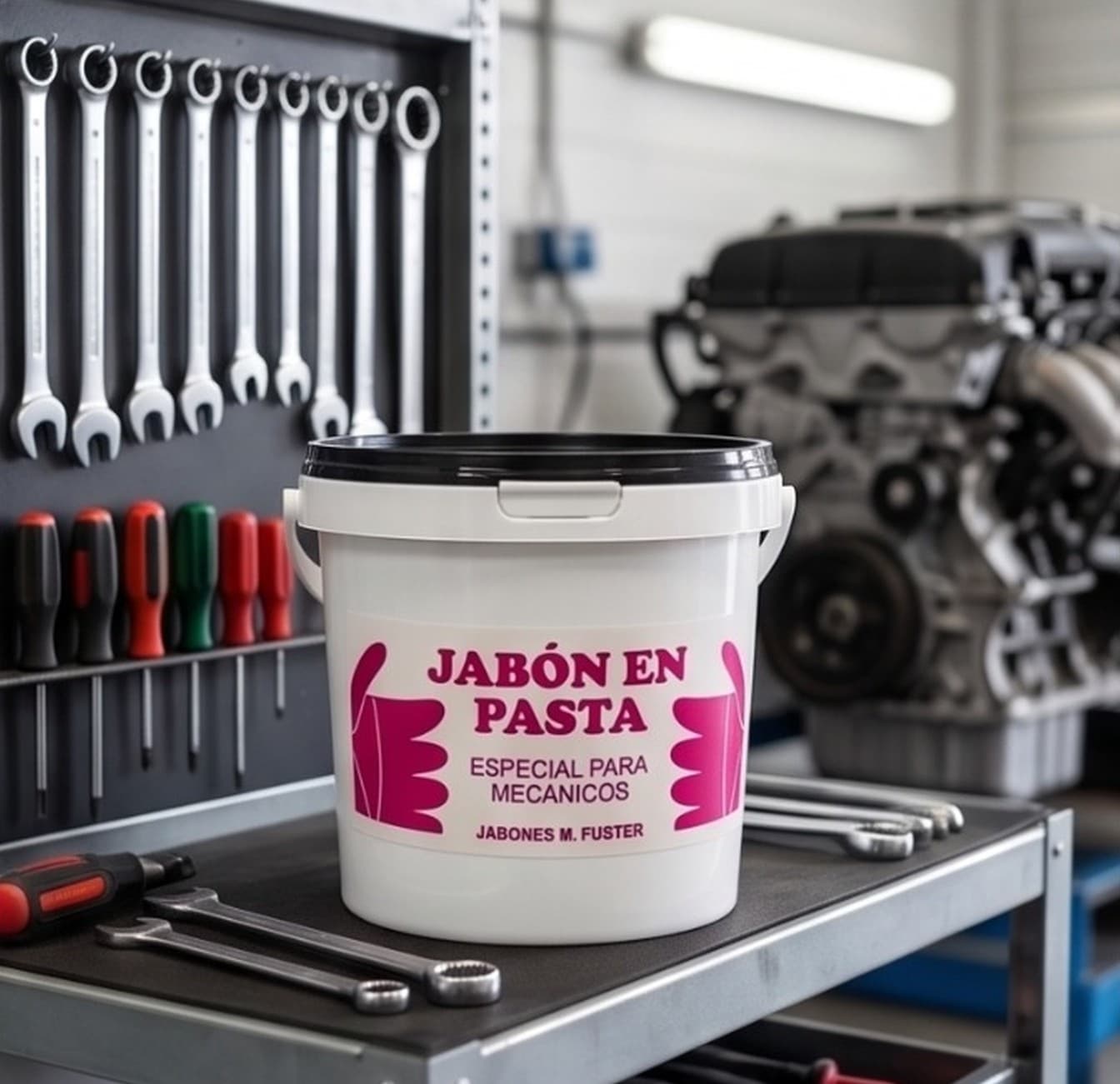 Cubo industrial de jabón 5kg M. Fuster en taller mecánico profesional