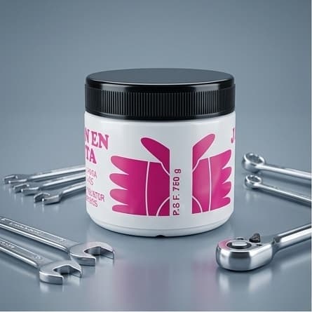 Bote de Jabón en Pasta M. Fuster rodeado de llaves inglesas en fondo gris