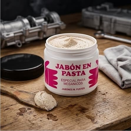 Bote de Jabón en Pasta M. Fuster abierto mostrando la pasta, con motor de coche al fondo