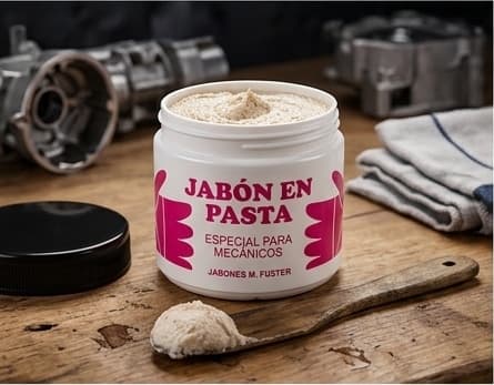 Bote de Jabón en Pasta M. Fuster abierto con cuchara de madera sobre mesa de taller